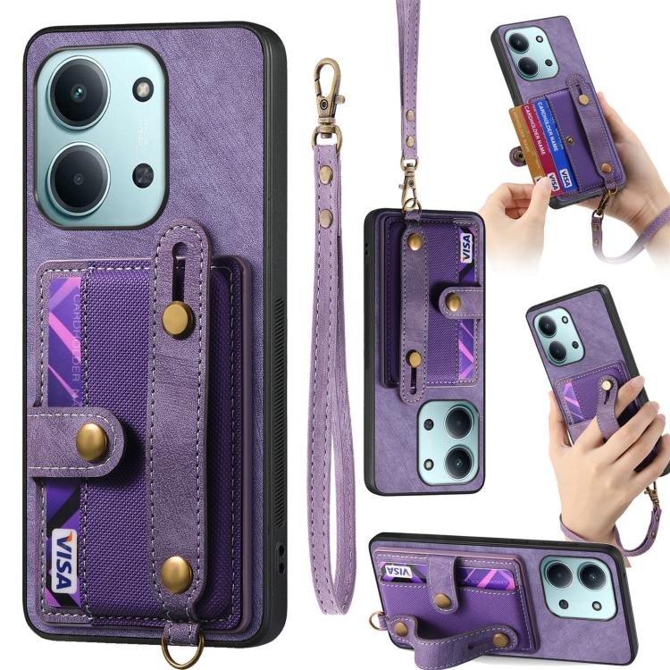 

For Redmi 15C 5G / 4G Global 171mm Retro Cross Wristband Wallet Leather Back Phone Case(Purple)