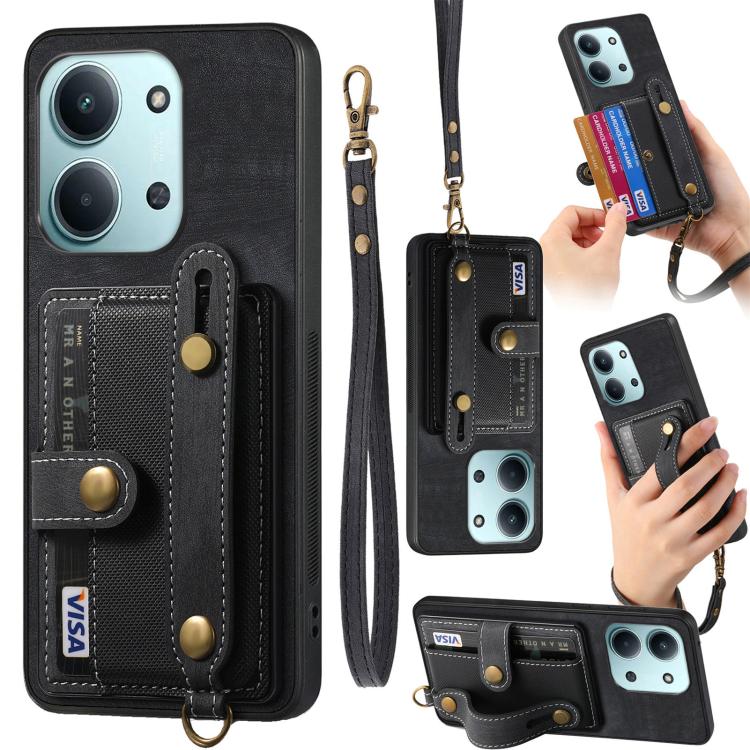 

For Redmi 15C 5G / 4G Global 171mm Retro Cross Wristband Wallet Leather Back Phone Case(Black)