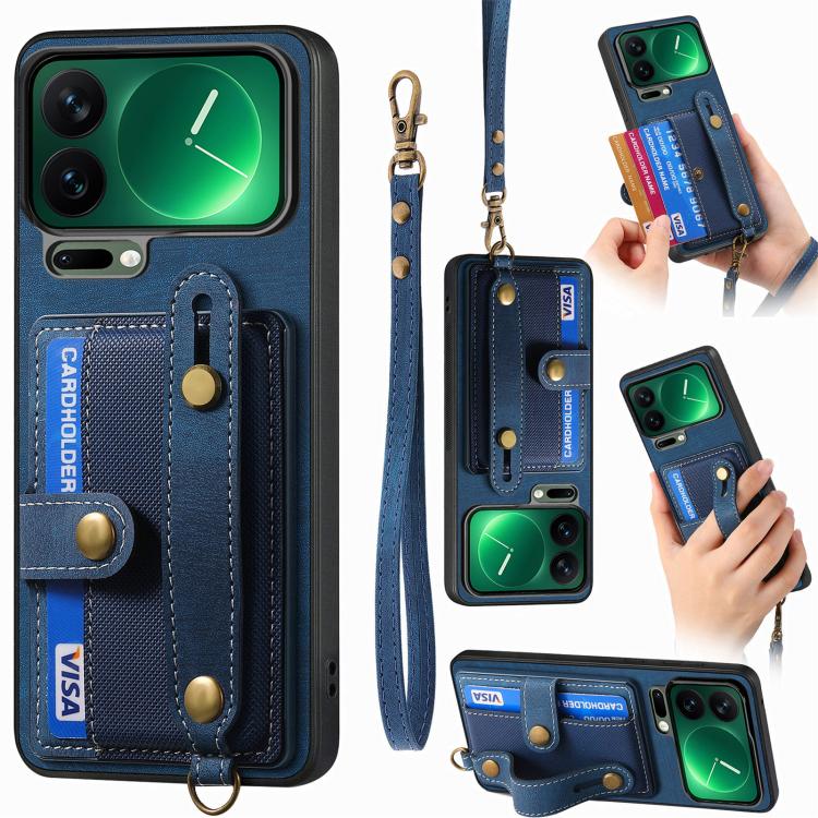 

For Xiaomi 17 Pro Retro Cross Wristband Wallet Leather Back Phone Case(Blue)
