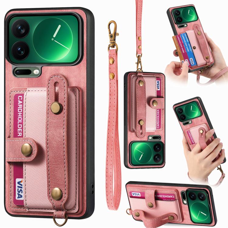 

For Xiaomi 17 Pro Max Retro Cross Wristband Wallet Leather Back Phone Case(Pink)