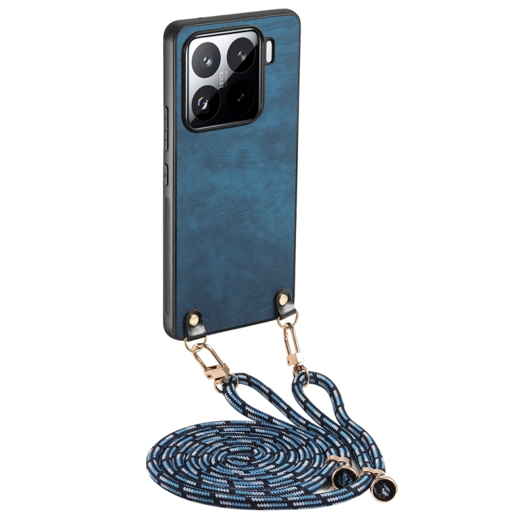 

For Xiaomi 15 Pro Vintage Leather PC Back Cover Phone Case with Crossbody Strap(Blue)