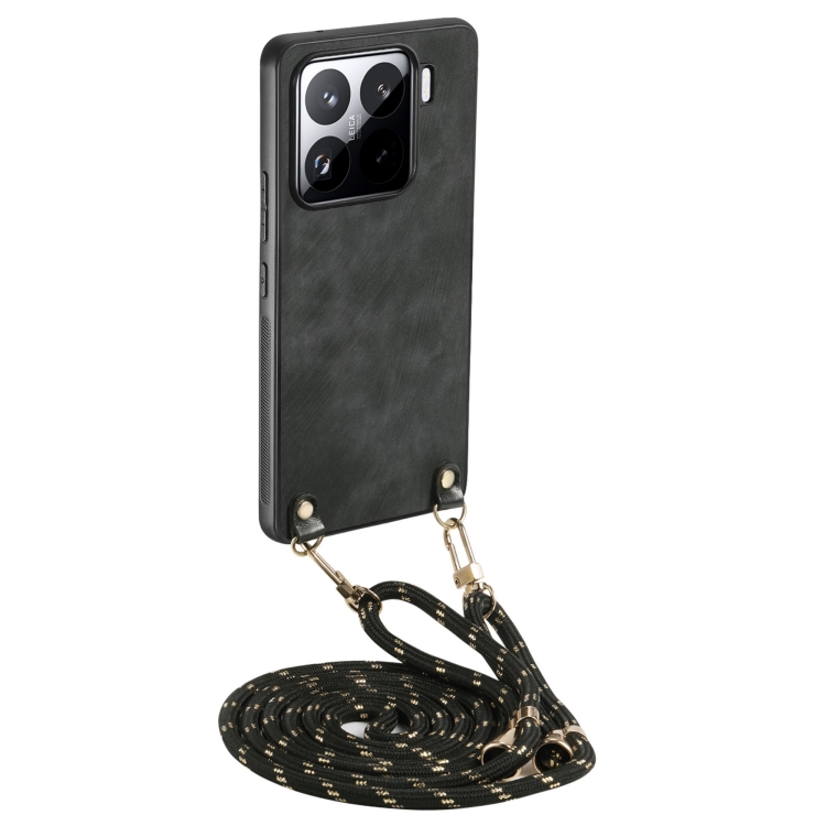 

For Xiaomi 15 Pro Vintage Leather PC Back Cover Phone Case with Crossbody Strap(Black)