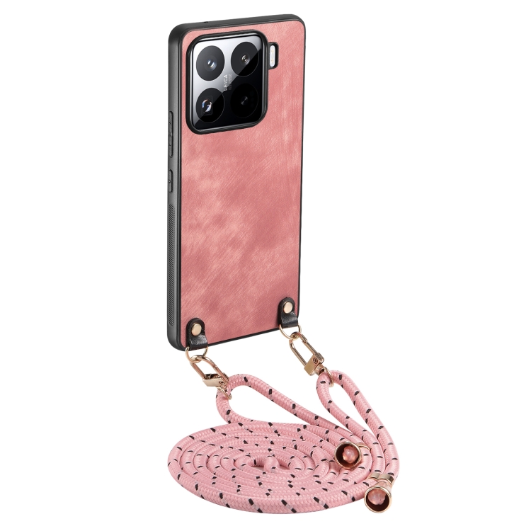 

For Xiaomi 15 Vintage Leather PC Back Cover Phone Case with Crossbody Strap(Pink)