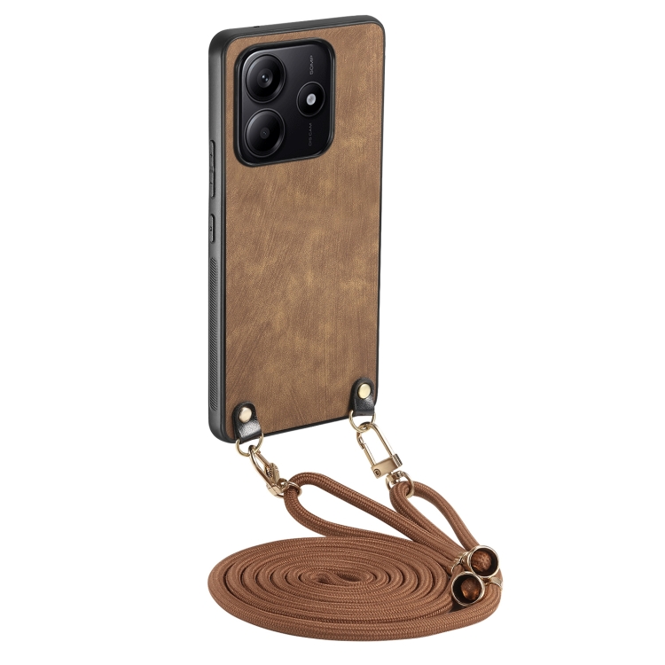 

For Xiaomi Redmi Note 14 5G Vintage Leather PC Back Cover Phone Case with Crossbody Strap(Brown)