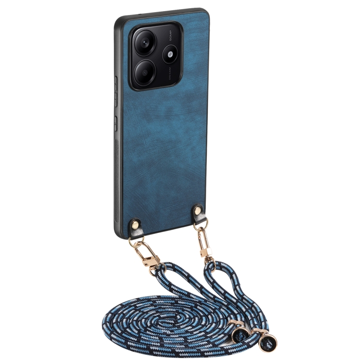 

For Xiaomi Redmi Note 14 5G Vintage Leather PC Back Cover Phone Case with Crossbody Strap(Blue)