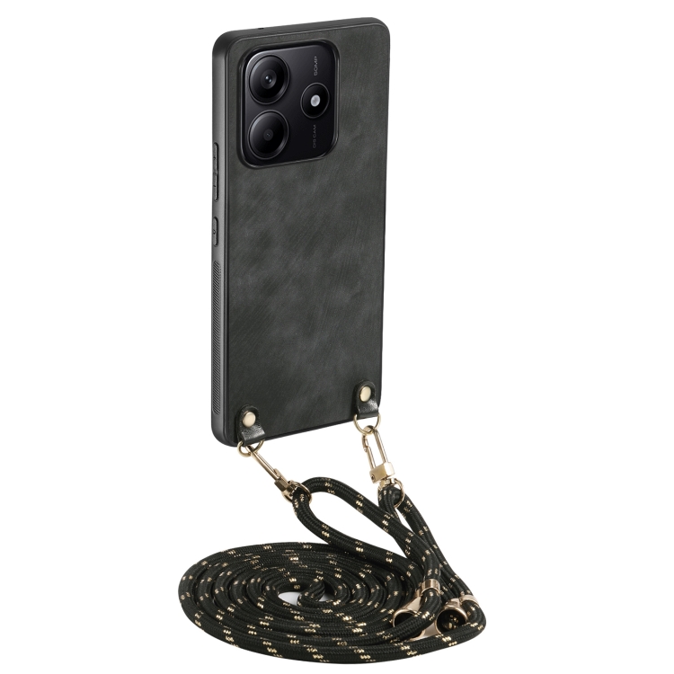 

For Xiaomi Redmi Note 14 5G Vintage Leather PC Back Cover Phone Case with Crossbody Strap(Black)