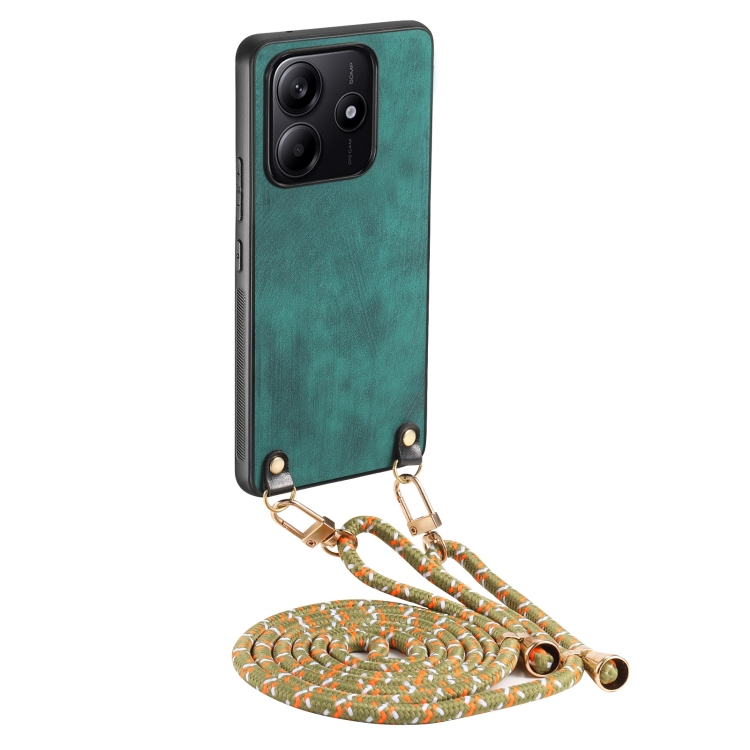 

For Xiaomi Redmi Note 14 5G Vintage Leather PC Back Cover Phone Case with Crossbody Strap(Green)