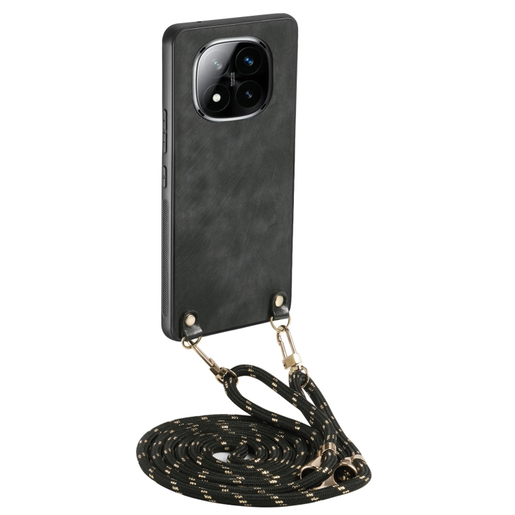 

For Xiaomi Redmi Note 14 Pro+ 5G Vintage Leather PC Back Cover Phone Case with Crossbody Strap(Black)