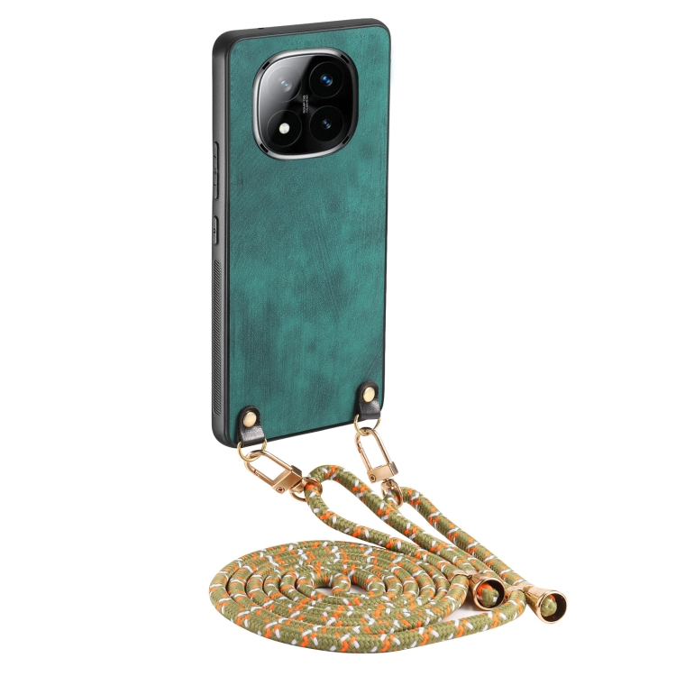 

For Xiaomi Redmi Note 14 Pro+ 5G Vintage Leather PC Back Cover Phone Case with Crossbody Strap(Green)