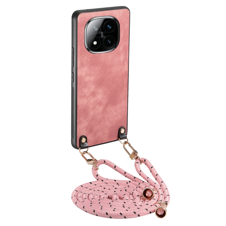 

For Xiaomi Redmi Note 14 Pro 5G Vintage Leather PC Back Cover Phone Case with Crossbody Strap(Pink)