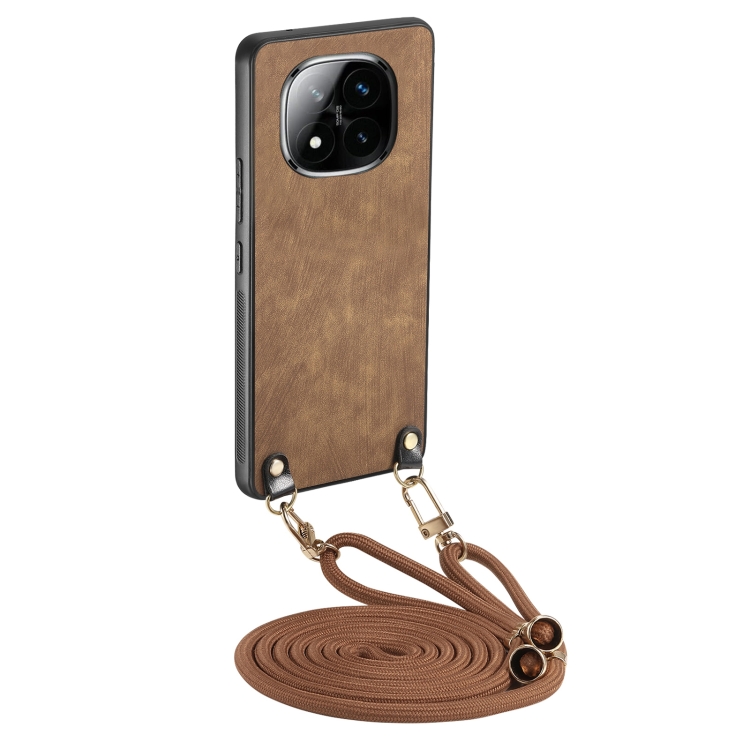 

For Xiaomi Redmi Note 14 Pro 5G Vintage Leather PC Back Cover Phone Case with Crossbody Strap(Brown)