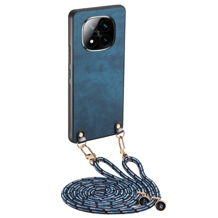 

For Xiaomi Redmi Note 14 Pro 5G Vintage Leather PC Back Cover Phone Case with Crossbody Strap(Blue)