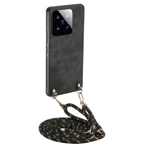 

For Xiaomi 14 Pro Vintage Leather PC Back Cover Phone Case with Crossbody Strap(Black)