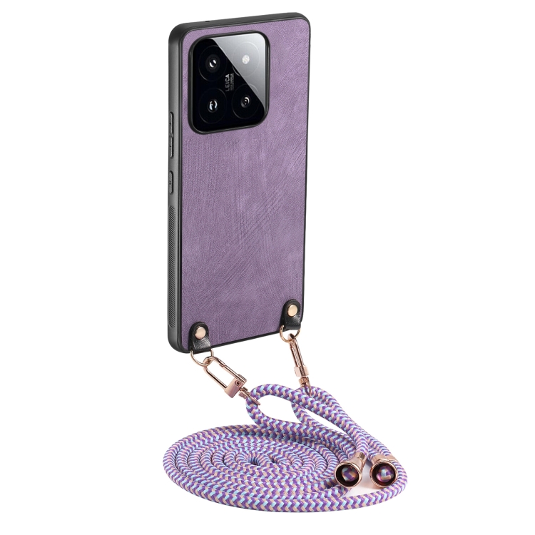 

For Xiaomi 14 Vintage Leather PC Back Cover Phone Case with Crossbody Strap(Purple)