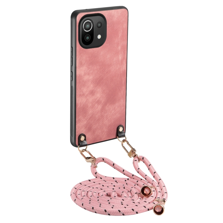 

For Xiaomi Mi 11 Lite Vintage Leather PC Back Cover Phone Case with Crossbody Strap(Pink)