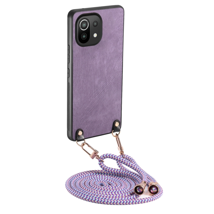 

For Xiaomi Mi 11 Lite Vintage Leather PC Back Cover Phone Case with Crossbody Strap(Purple)
