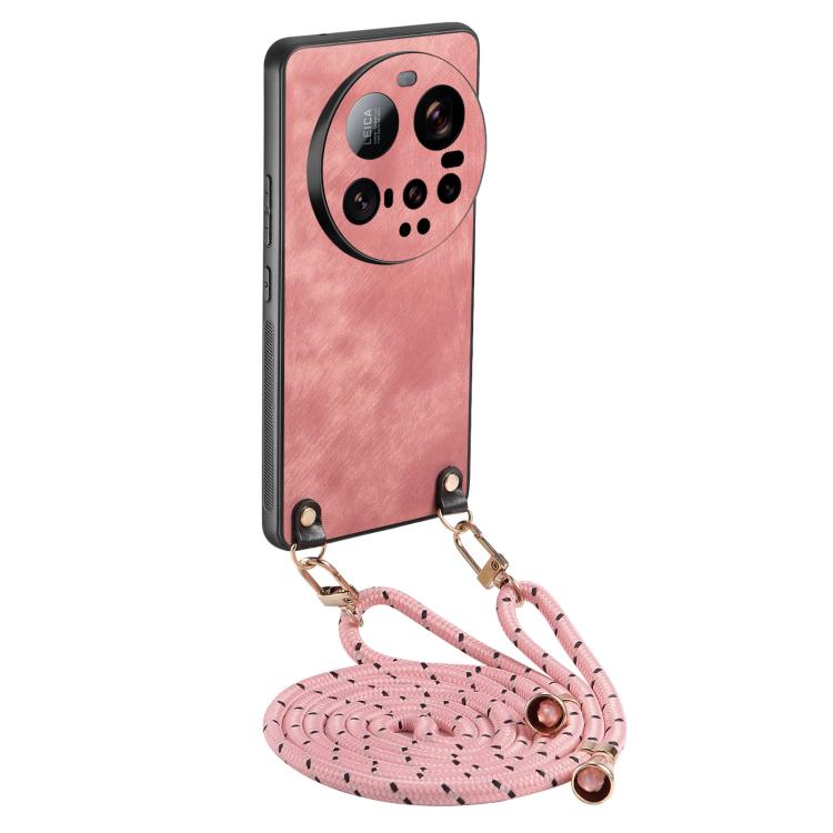 

For Xiaomi 15 Ultra Vintage Leather PC Back Cover Phone Case with Crossbody Strap(Pink)