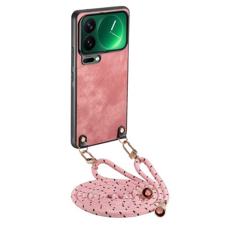 

For Xiaomi 17 Pro Max Vintage Leather PC Back Cover Phone Case with Crossbody Strap(Pink)