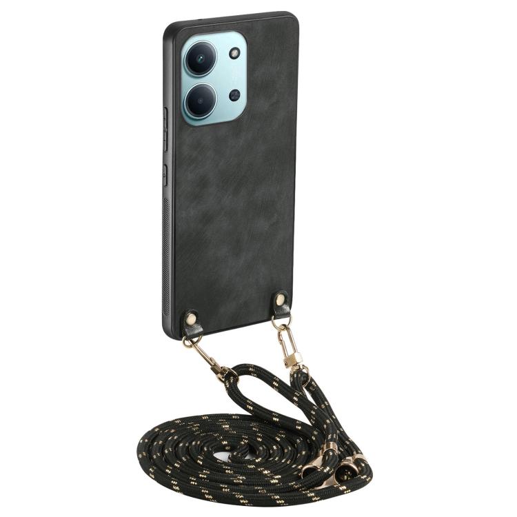 

For Redmi 15C 5G / 4G Global 171mm Vintage Leather PC Back Cover Phone Case with Crossbody Strap(Black)