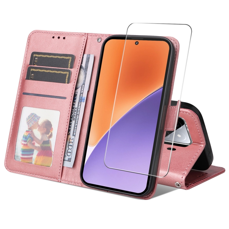 

For Xiaomi 15 ENKAY Card Slot PU Leather Phone Case with Screen Film(Pink)