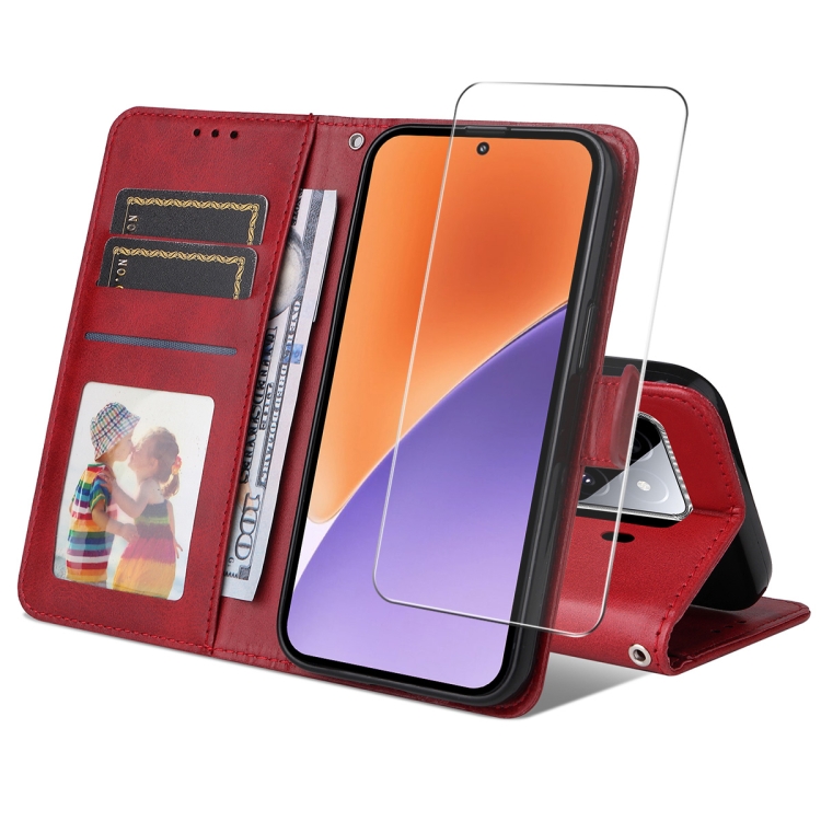 

For Xiaomi 15 ENKAY Card Wallet Calf Texture Leather Phone Case with Screen Film(Red)