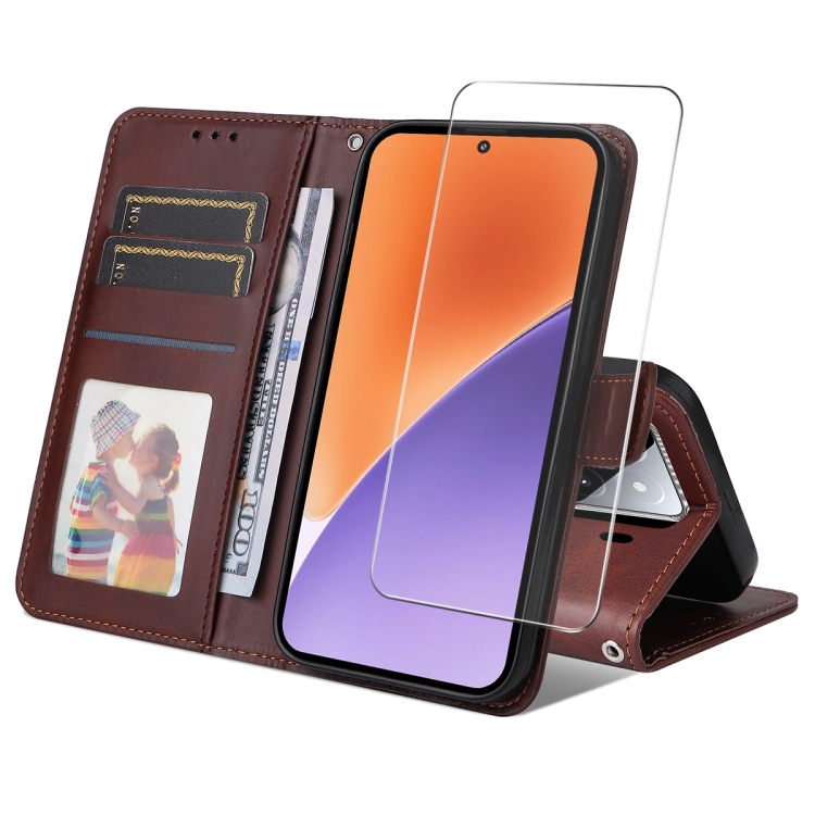 

For Xiaomi 15 ENKAY Card Wallet Calf Texture Leather Phone Case with Screen Film(Brown)