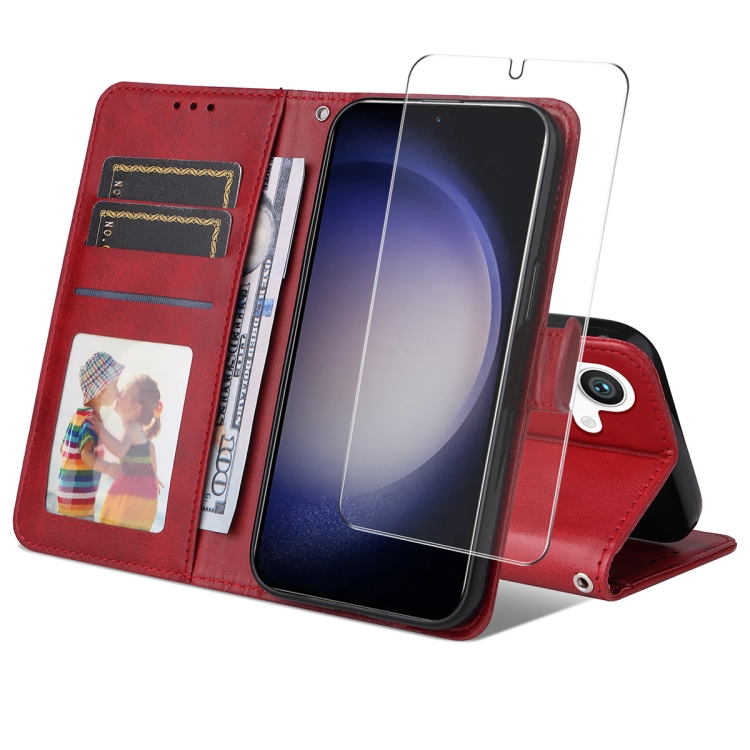 

For Samsung Galaxy S25 5G ENKAY Card Wallet Calf Texture Leather Phone Case with Screen Film(Red)