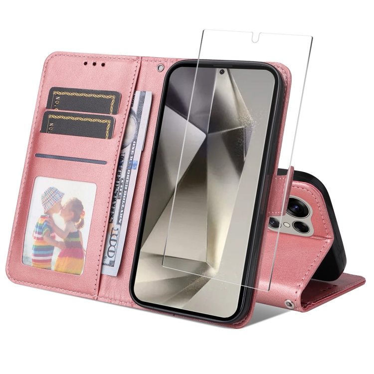 

For Samsung Galaxy S25 Ultra 5G ENKAY Card Wallet Calf Texture Leather Phone Case with Screen Film(Pink)