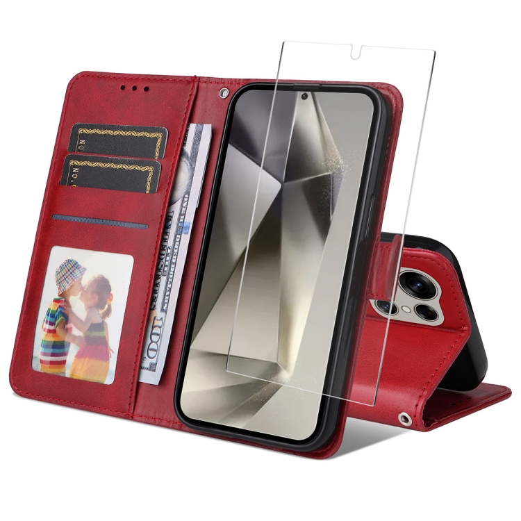 

For Samsung Galaxy S24 Ultra 5G ENKAY Card Wallet Calf Texture Leather Phone Case with Screen Film(Red)