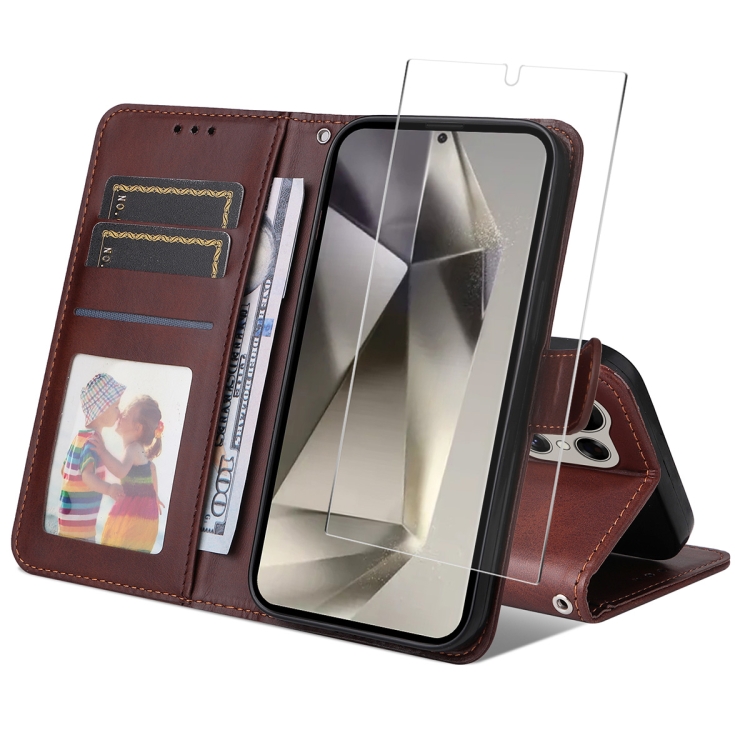 

For Samsung Galaxy S24 Ultra 5G ENKAY Card Wallet Calf Texture Leather Phone Case with Screen Film(Brown)