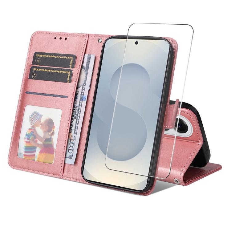 

For Samsung Galaxy S25 Edge 5G ENKAY Card Wallet Calf Texture Leather Phone Case with Screen Film(Pink)