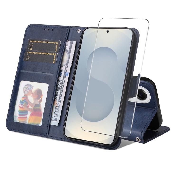 

For Samsung Galaxy S25 Edge 5G ENKAY Card Wallet Calf Texture Leather Phone Case with Screen Film(Blue)