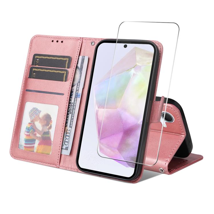 

For Samsung Galaxy A56 ENKAY Card Wallet Calf Texture Leather Phone Case with Screen Film(Pink)