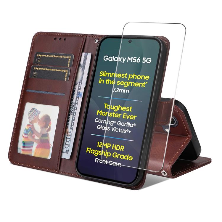 

For Samsung Galaxy M56 ENKAY Card Wallet Calf Texture Leather Phone Case with Screen Film(Brown)