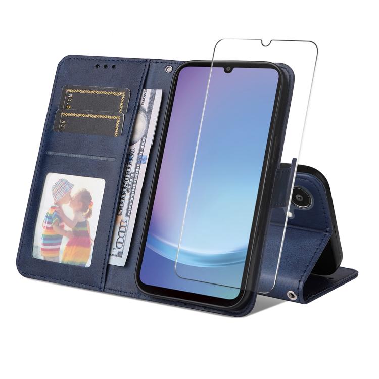 

For Samsung Galaxy A07 ENKAY Card Wallet Calf Texture Leather Phone Case with Screen Film(Blue)