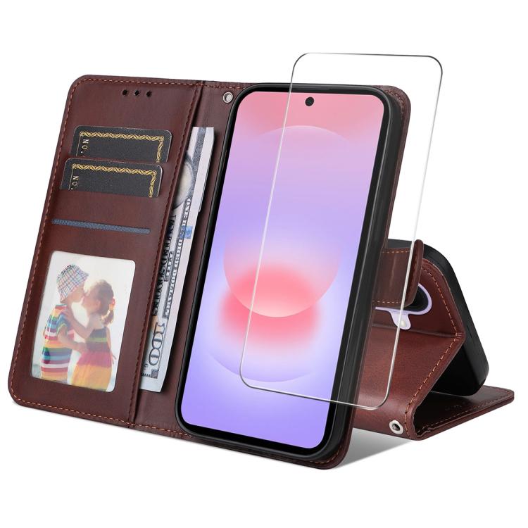 For Galaxy A27 5G ENKAY Card Wallet Calf Texture Leather Phone Case with Screen Film(Brown)