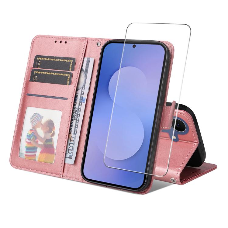 For Galaxy S26 FE 5G ENKAY Card Wallet Calf Texture Leather Phone Case with Screen Film(Pink)
