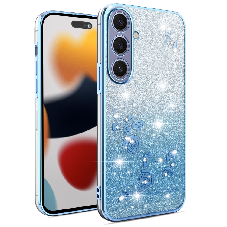 

For Samsung Galaxy S25+ 5G Gradient Glitter Flower All-inclusive Phone Case(Blue)