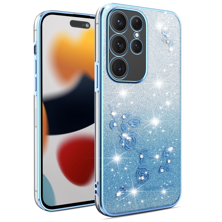 

For Samsung Galaxy S24 Ultra 5G Gradient Glitter Flower All-inclusive Phone Case(Blue)
