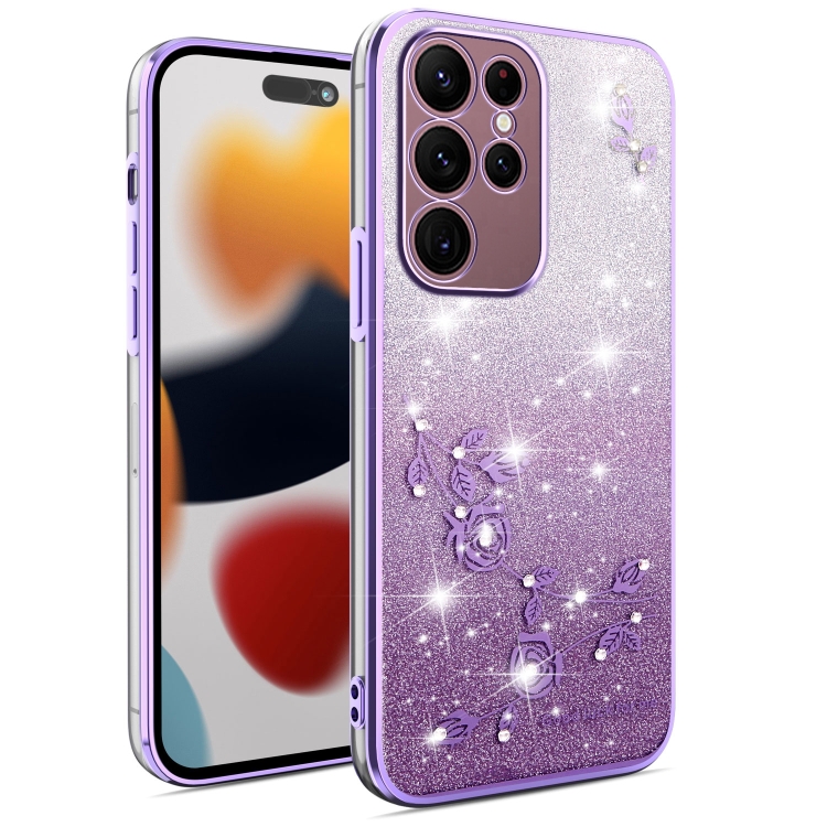 

For Samsung Galaxy S22 Ultra 5G Gradient Glitter Flower All-inclusive Phone Case(Purple)