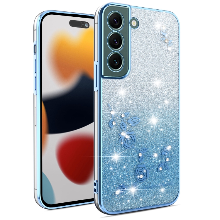 

ForSamsung Galaxy S22+ 5G Gradient Glitter Flower All-inclusive Phone Case(Blue)