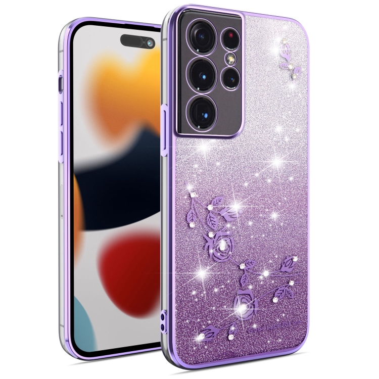 

For Samsung Galaxy S21 Ultra 5G Gradient Glitter Flower All-inclusive Phone Case(Purple)