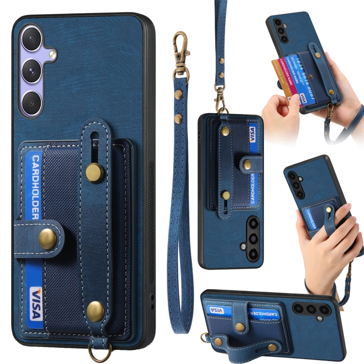 

For Samsung Galaxy S25 Ultra 5G Retro Cross Wristband Wallet Leather Back Phone Case(Blue)