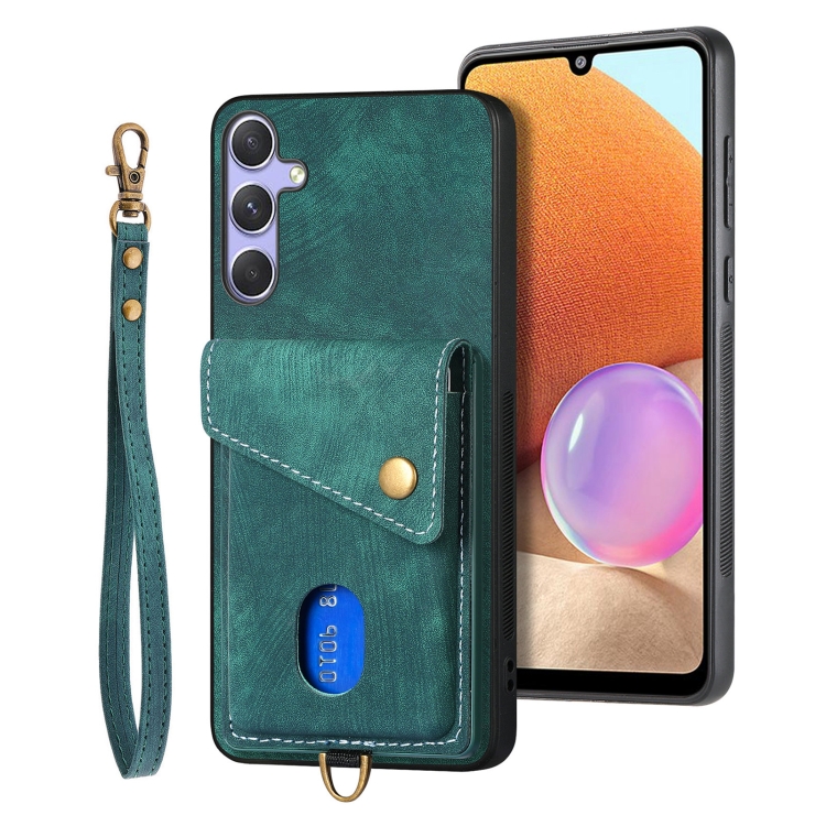 

For Samsung Galaxy S25 5G Retro Card Wallet Fold Leather Phone Case with Strap(Green)