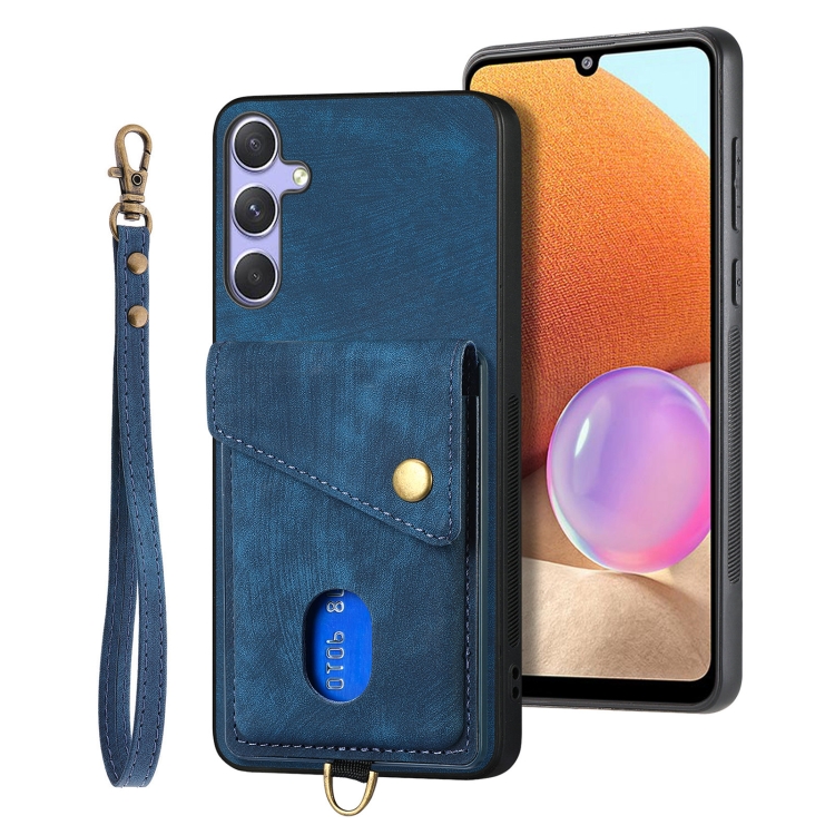 

For Samsung Galaxy S25+ 5G Retro Card Wallet Fold Leather Phone Case with Strap(Blue)