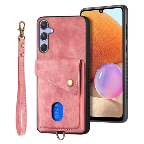 

For Samsung Galaxy S25+ 5G Retro Card Wallet Fold Leather Phone Case with Strap(Pink)