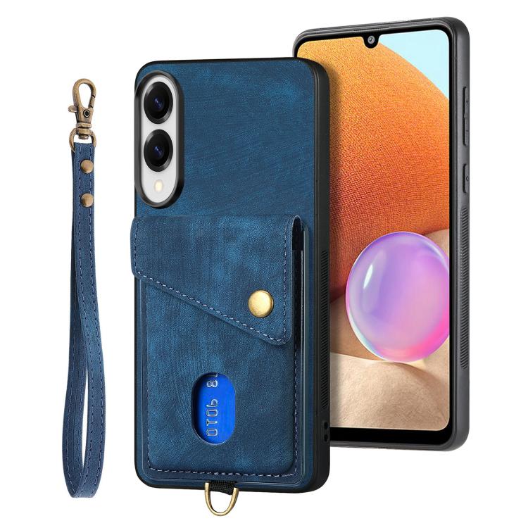 

For Samsung Galaxy S25 Edge 5G Retro Card Wallet Fold Leather Phone Case with Strap(Blue)