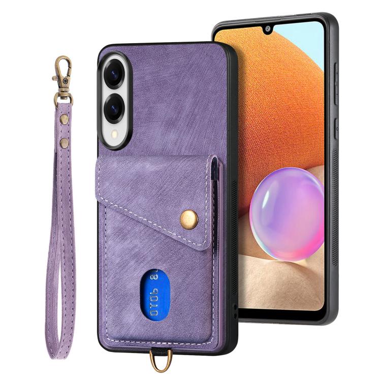 

For Samsung Galaxy S25 Edge 5G Retro Card Wallet Fold Leather Phone Case with Strap(Purple)