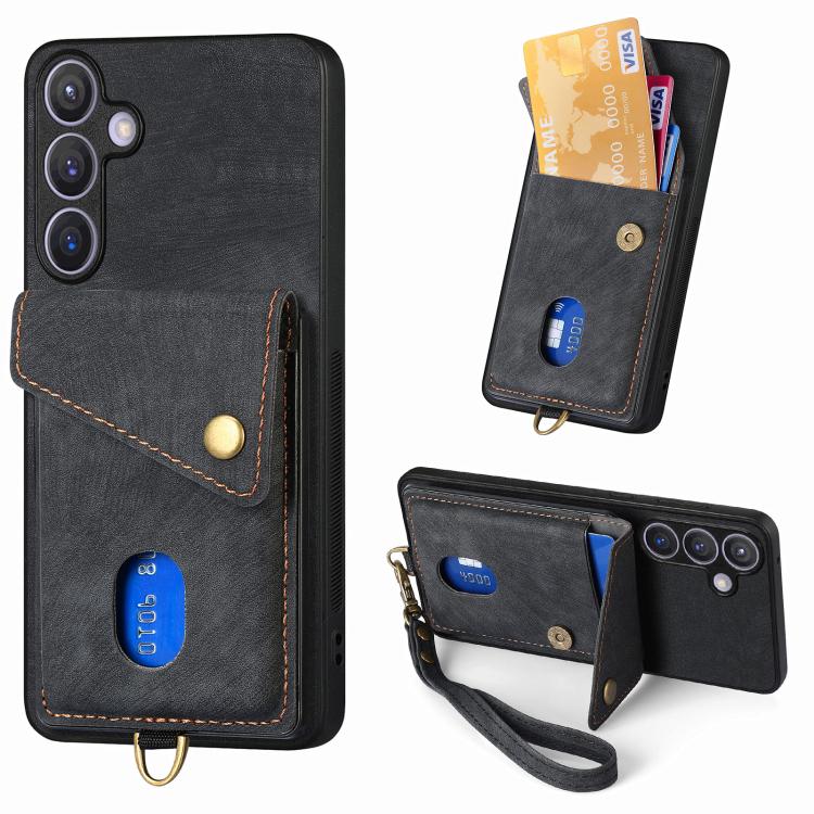 

For Samsung Galaxy A57 5G Retro Card Wallet Fold Leather Phone Case with Strap(Black)
