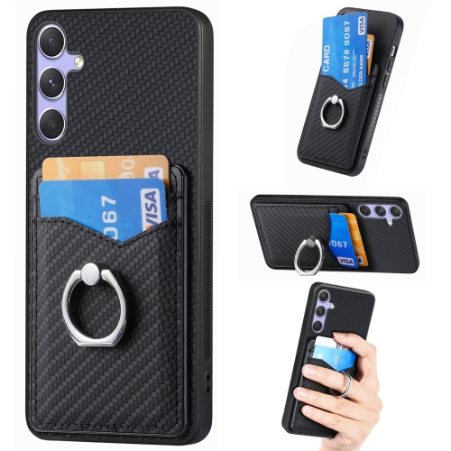 

For Samsung Galaxy S25 5G Carbon Fiber Card Wallet Ring Phone Case(Black)